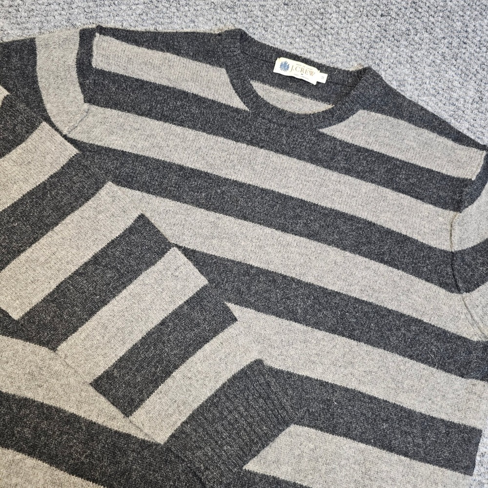 J Crew Striped Crew Neck‎ Lambswool Sweater Charcoal Gray Beige Mens Size Medium